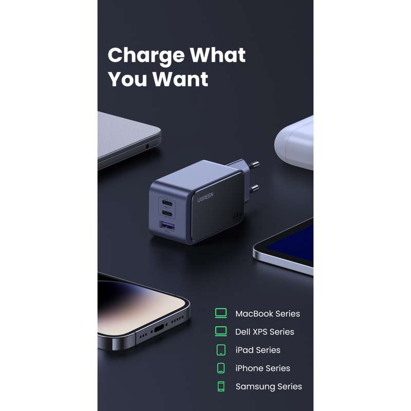 UGREEN Nexode 65W Wall Charger - 3 Port Fast Charger - Grey & Black