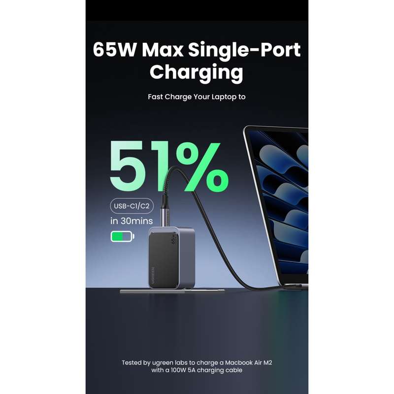 UGREEN Nexode 65W Wall Charger - 3 Port Fast Charger - Grey & Black