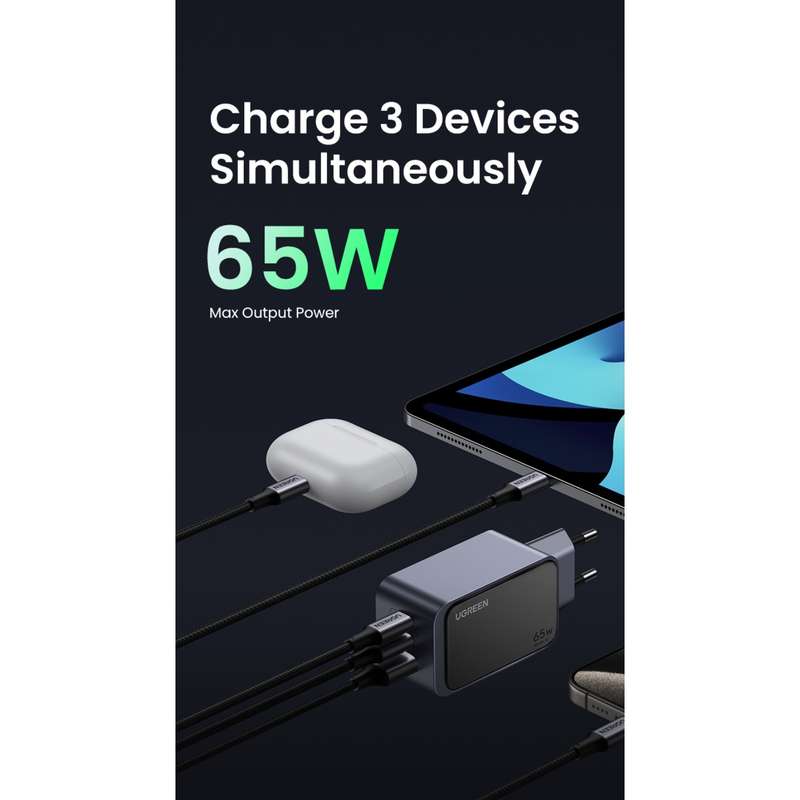 UGREEN Nexode 65W Wall Charger - 3 Port Fast Charger - Grey & Black