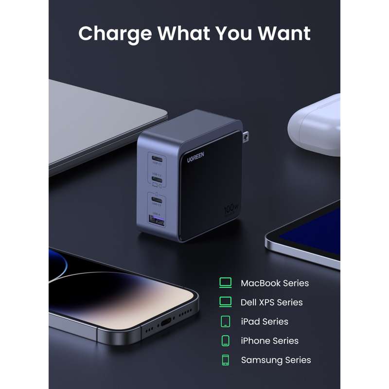 UGREEN Nexode 100W Wall Charger - 4 Port Fast Charger - Grey & Black