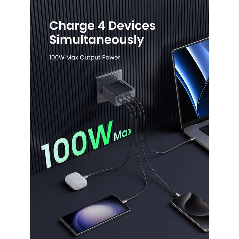 UGREEN Nexode 100W Wall Charger - 4 Port Fast Charger - Grey & Black