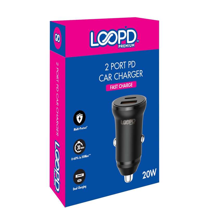 Loopd 20W Cigarette Charger - 2 Port Fast Charge - Black