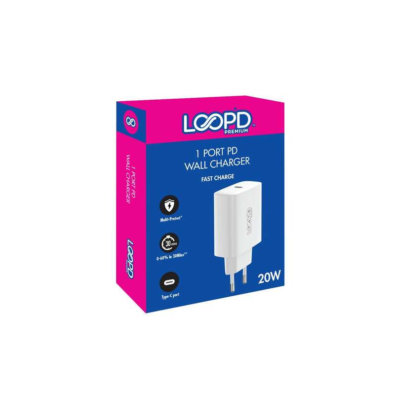 Loopd 20W Wall Charger - 1 Port Fast Charging Adapter - White