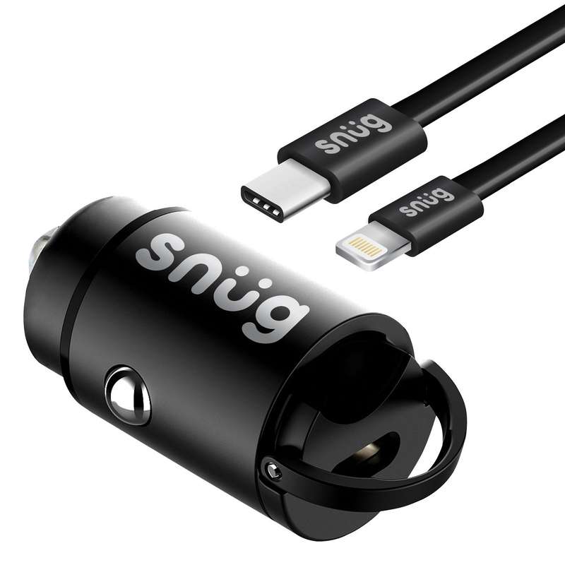 Snug 30W Car Charger with USB C To Lightning Cable - 1 Port Fast Charge - Black