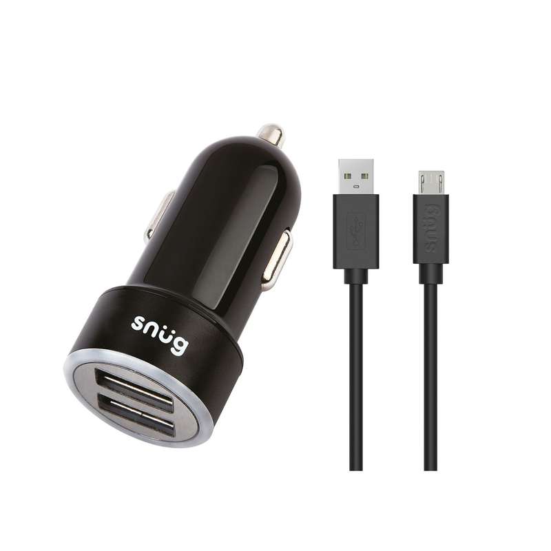 Snug 17W Car Charger with USB To Micro USB Cable - 2 Port Black
