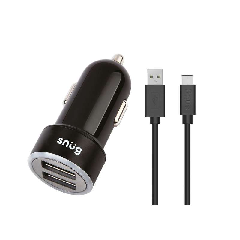 Snug 17W Car Charger with USB to TypeC Cable  2 Port Black