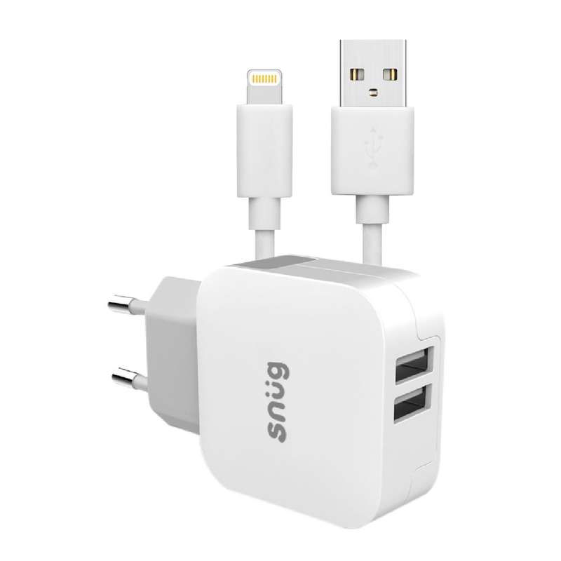 Snug 12W Wall Charger & USB to Lightning Cable - 2 Port White