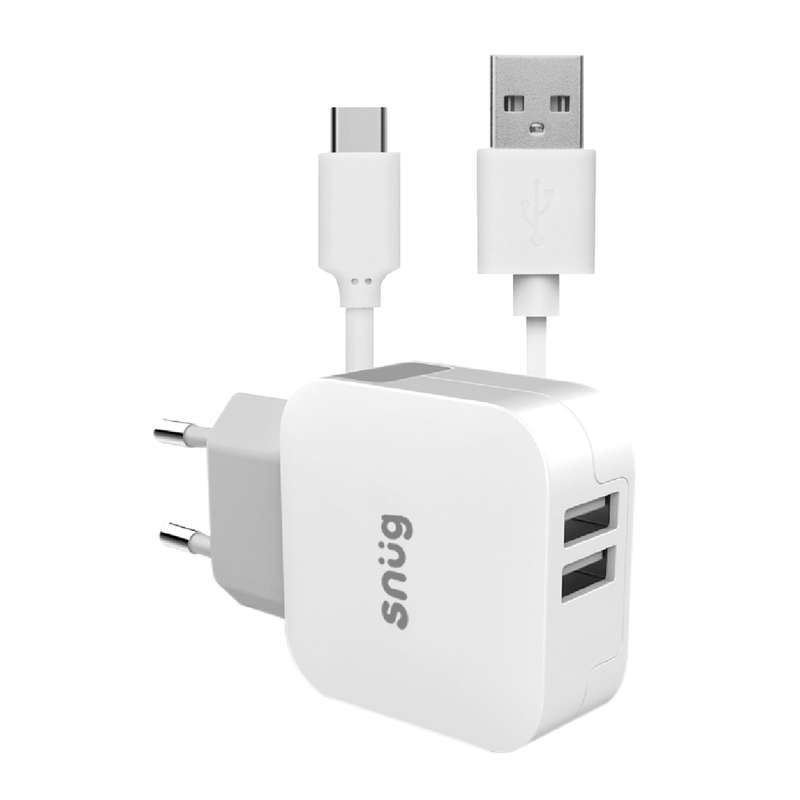 Snug 12W Wall Charger with USB to USB C Cable - 2 Port White