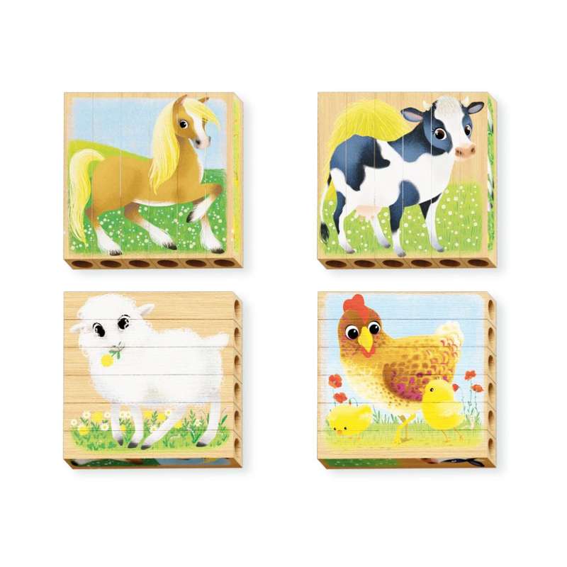 Quercetti - Wooden, Eco-Friendly Farm Animals Block Puzzles: 4 Puzzles