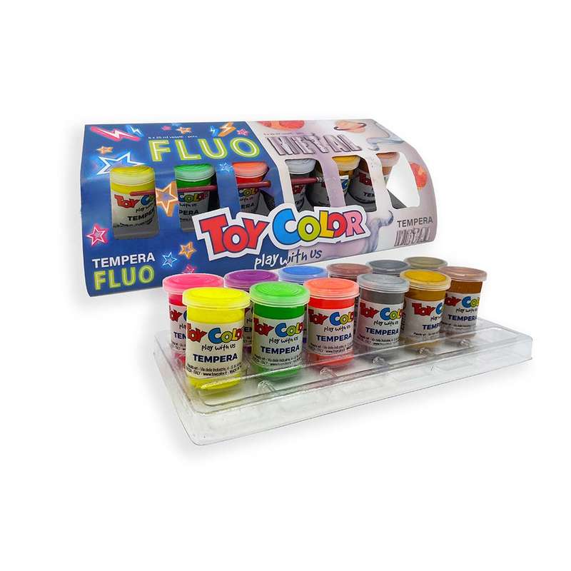Toy Color - Fluorescent & Metallic Superwashable - Gluten-Free Ready Mix Tempera Paint Pots - 12 ...