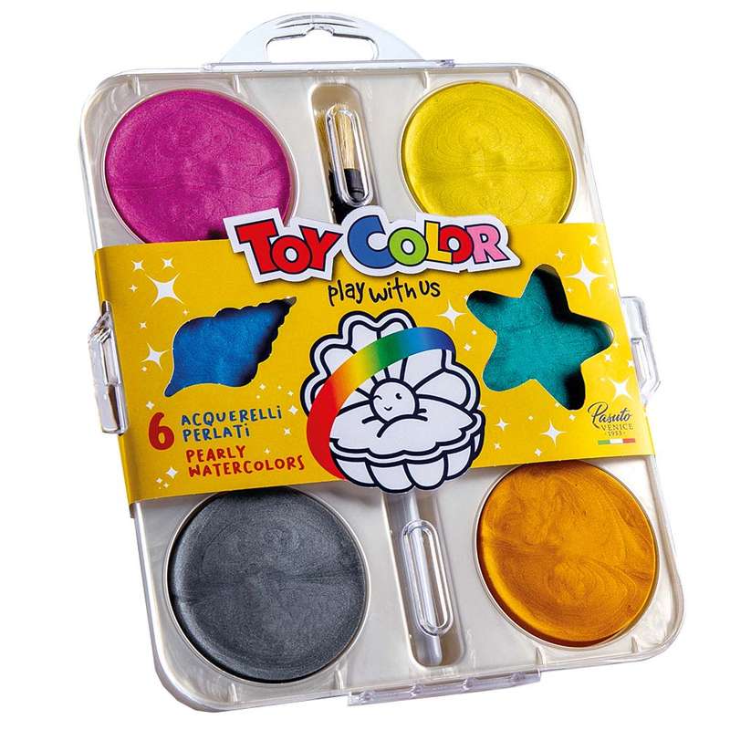 Toy Color - WaterColours - Pearly Maxi - 6 Colours Tablets with Brush - 57mm diam. Container
