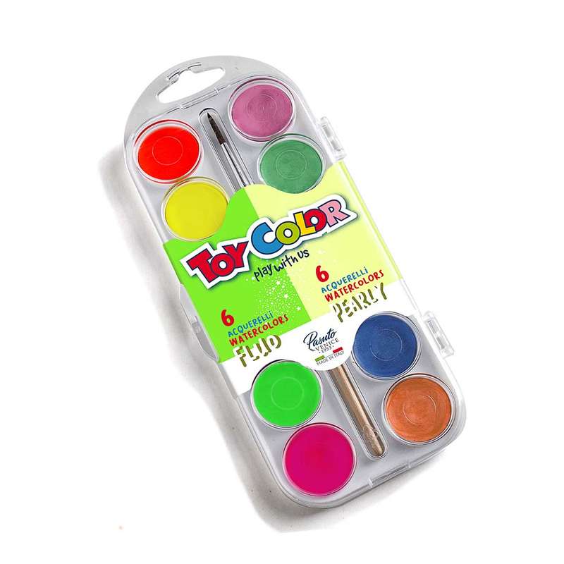 Toy Color - Set 6 + 6 Pearly And Fluorescent Watercolours Diameter 30 mm With Brush