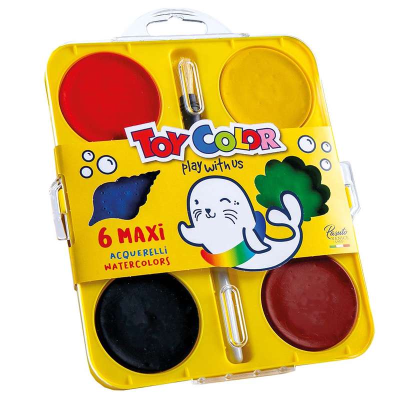 Toy Color - Watercolours - Maxi - 6 Colours Tablets With Brush - 57mm Diameter Container