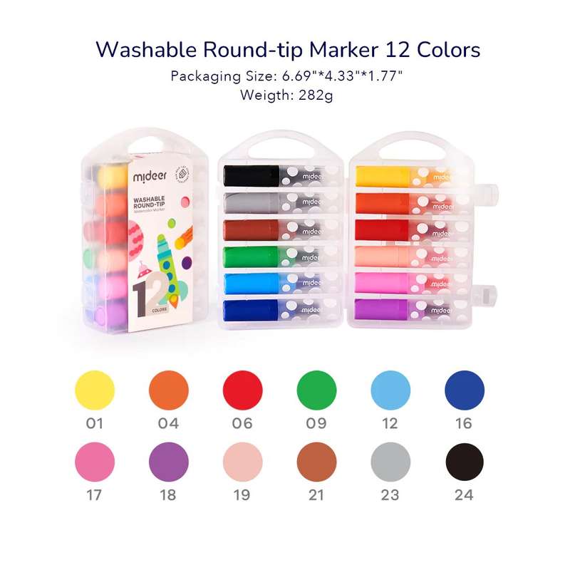 Mideer - Round-tip Washable Marker - 12 Colours