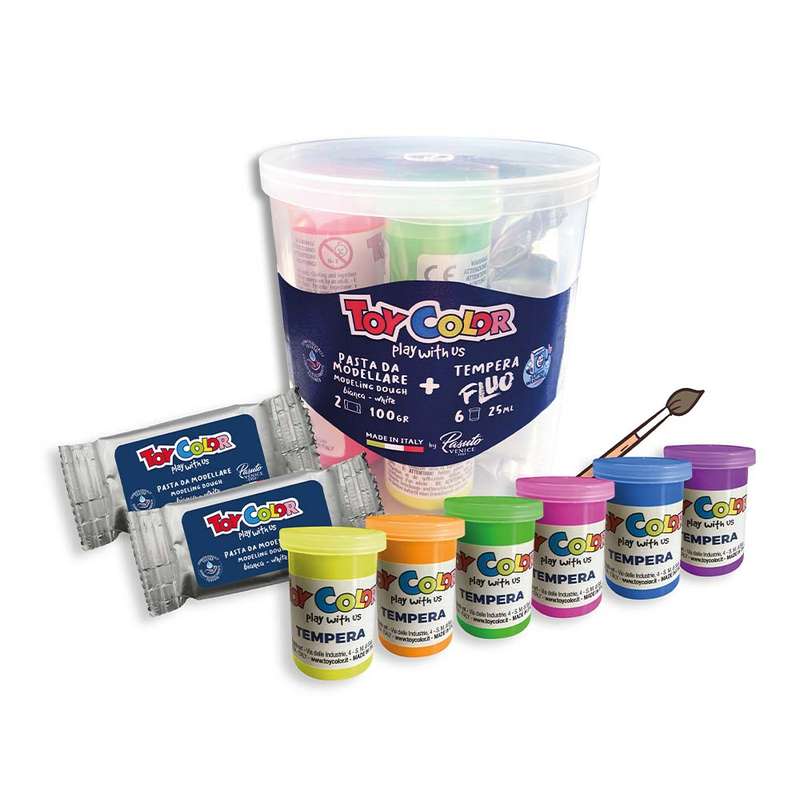Toy Color - 100g White Modeling Clay & 6 x 25ml Fluorescent Tempera Paint Pots