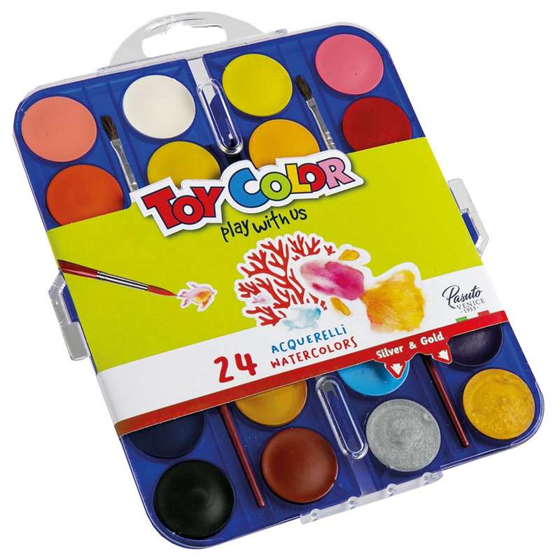 Toy Color - Watercolours - 22 Tablet, 2 Metallic & 2 Brushes - 30mm Diameter Container