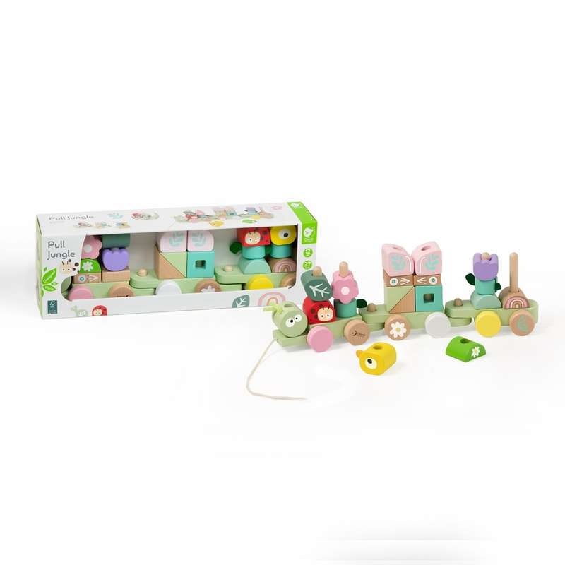 Classic World - Pull Train with Building Blocks - Wooden Jungle - 27pcs