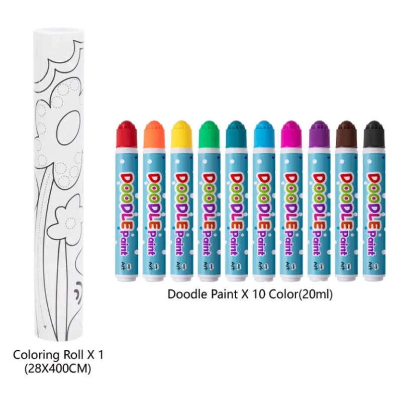 TookyToy - 2-in-1 Dot Art Painting Kit and Colouring Roll: 10 Colours