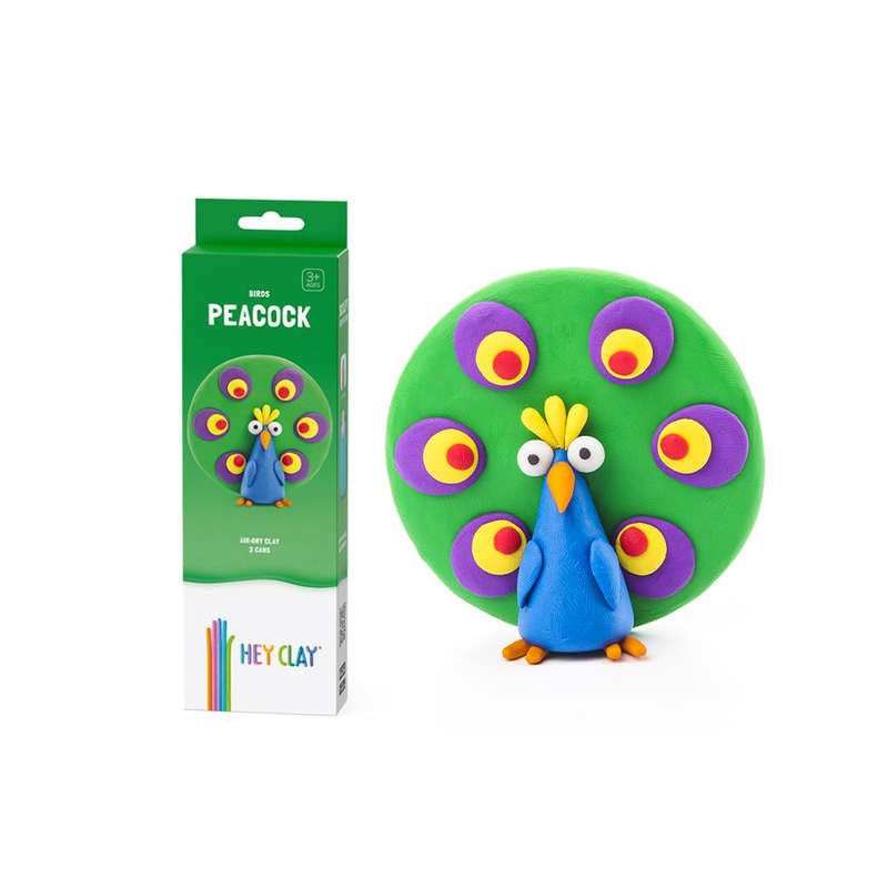Hey Clay - Modelling Air-Dry Clay with Fun Interactive App - Peacock, series Birds, 3 cans