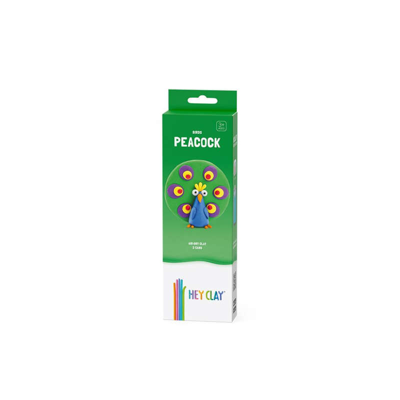 Hey Clay - Modelling Air-Dry Clay with Fun Interactive App - Peacock, series Birds, 3 cans