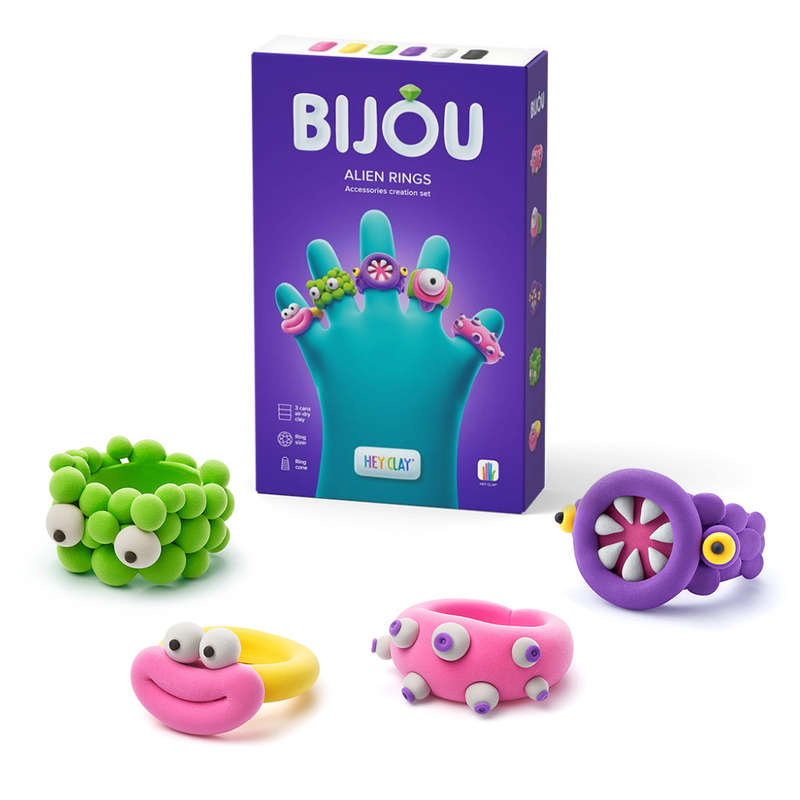 Hey Clay - Modelling Air-Dry Clay with Fun Interactive App - Alien Rings, series Bijou, 3 cans
