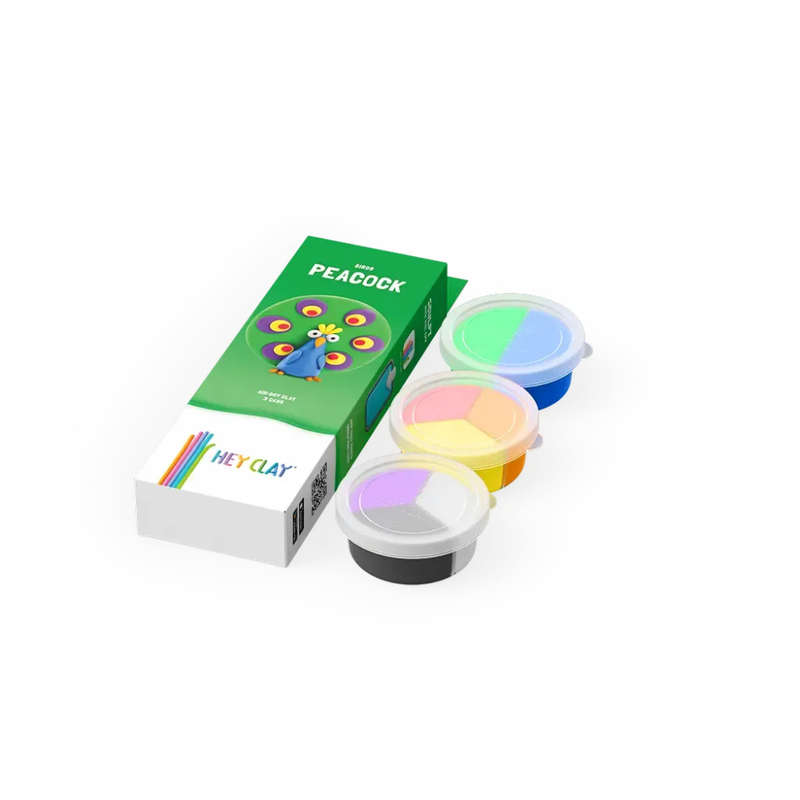 Hey Clay - Modelling Air-Dry Clay with Fun Interactive App - Peacock, series Birds, 3 cans