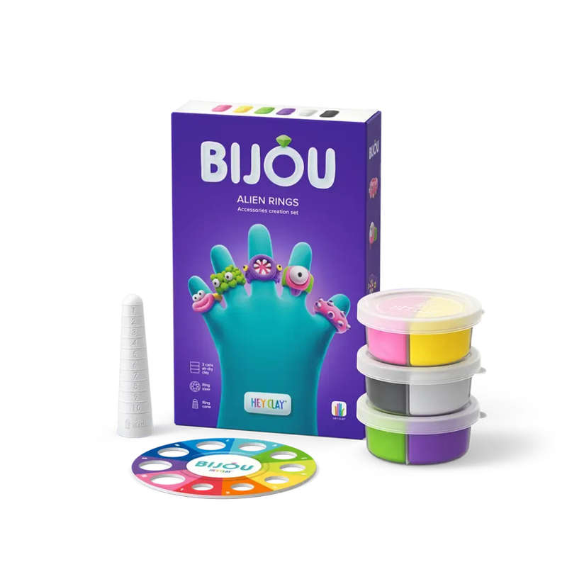 Hey Clay - Modelling Air-Dry Clay with Fun Interactive App - Alien Rings, series Bijou, 3 cans