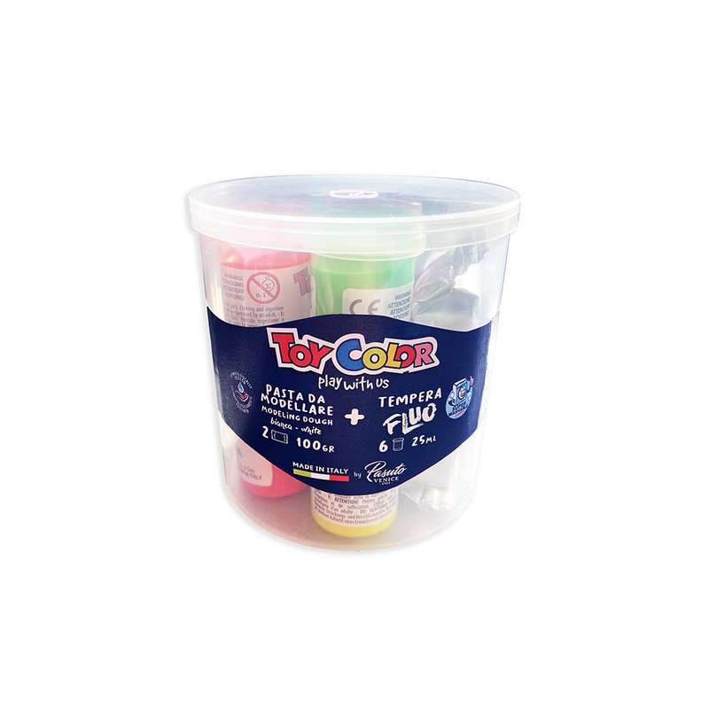 Toy Color - 100g White Modeling Clay & 6 x 25ml Fluorescent Tempera Paint Pots