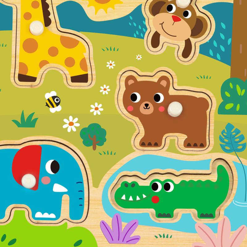 hi Pando - Wooden Peg Puzzle - Wild Animals - 9pcs