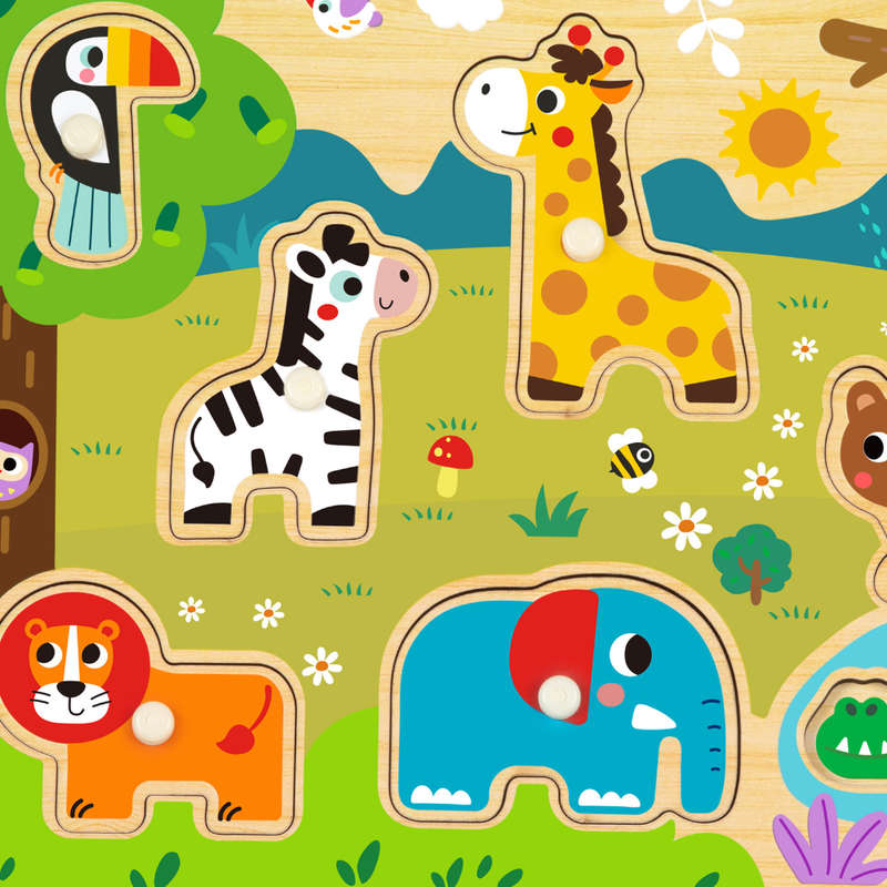 hi Pando - Wooden Peg Puzzle - Wild Animals - 9pcs