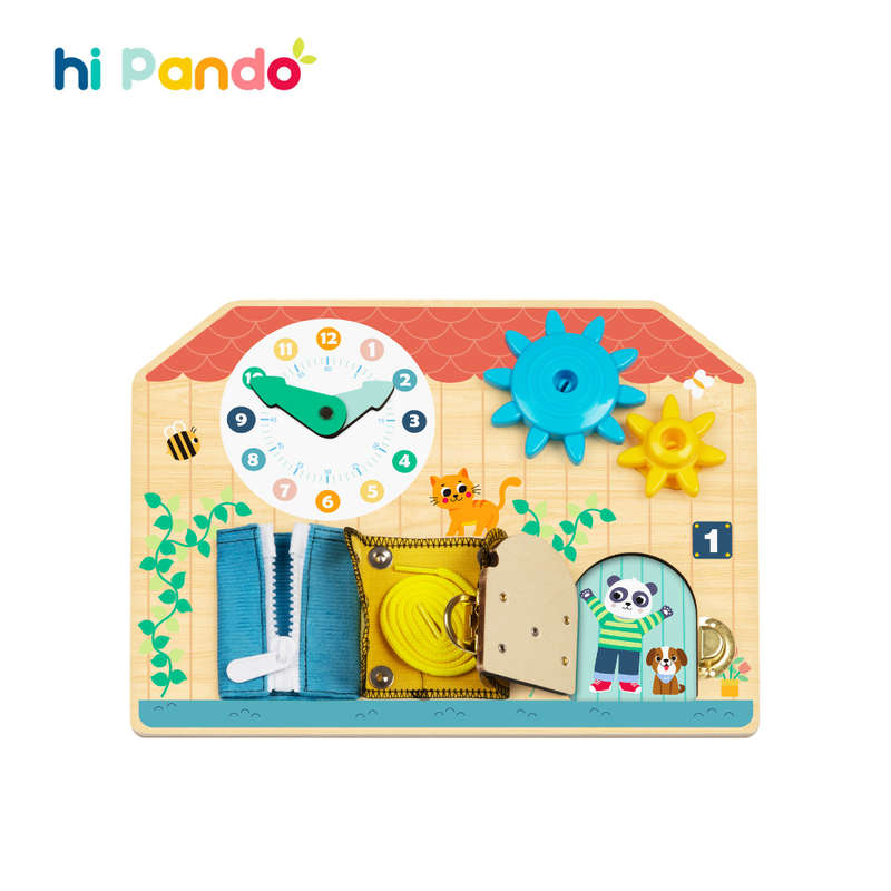 hi Pando - Wooden Busy Board - Interactive Latches and Laces Learning Toy