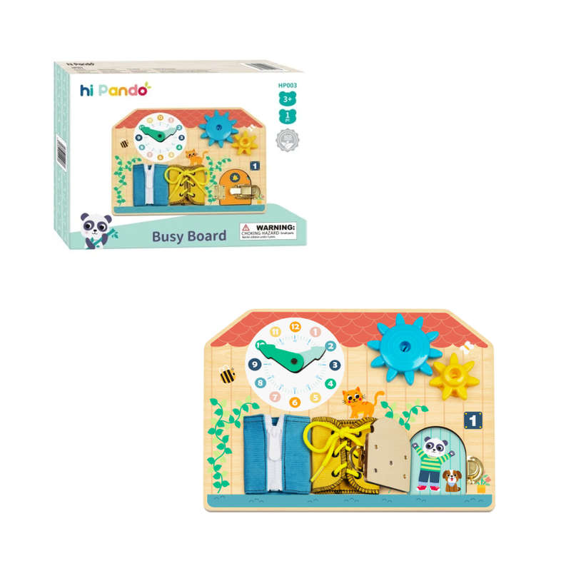 hi Pando - Wooden Busy Board - Interactive Latches and Laces Learning Toy
