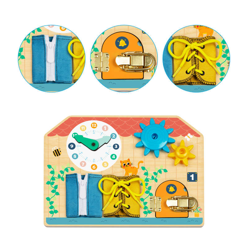 hi Pando - Wooden Busy Board - Interactive Latches and Laces Learning Toy