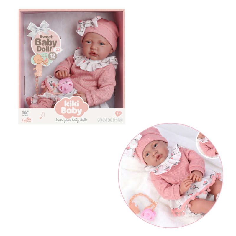 Baby Doll with 12 Sounds - Cotton Body, Pink Clothing & Pacifier - 40cm