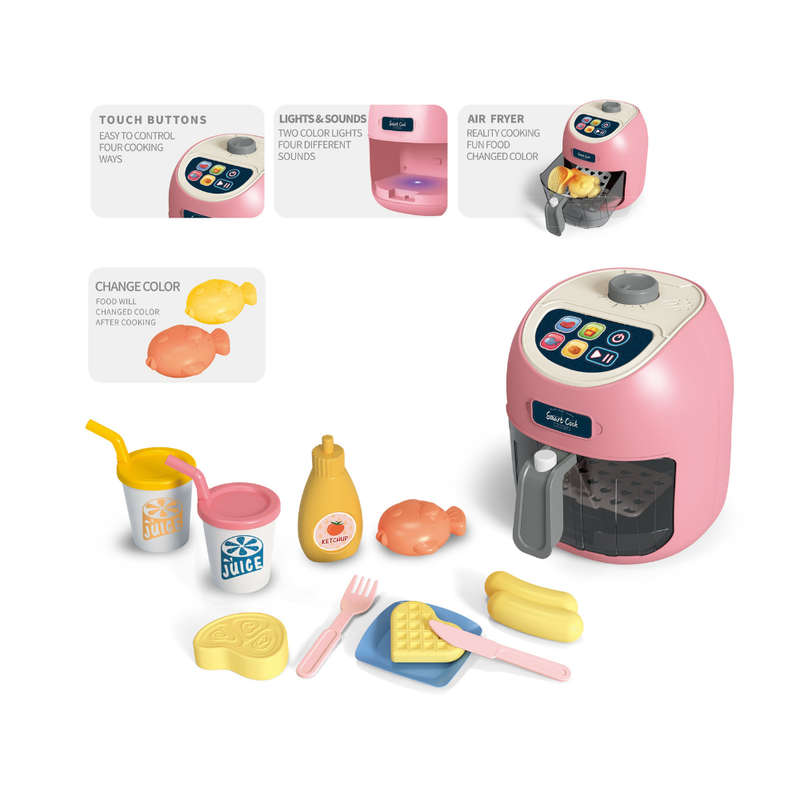 Pretend & Play Air Fryer Set with Lights, Sounds & Colour Changing Food - Pink