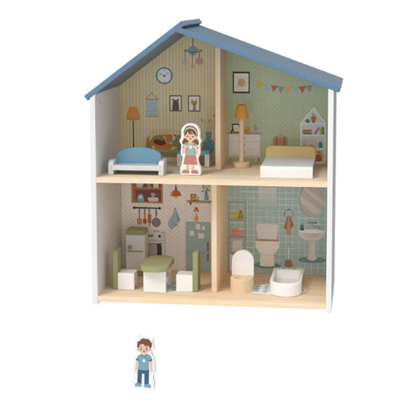 hi Pando - Pretend & Play - Wooden Doll House With Figurines - 14pcs