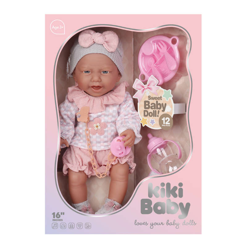 Baby Doll with Vinyl Body, 12 Sounds, Pink Outfit & Accessories - 40cm