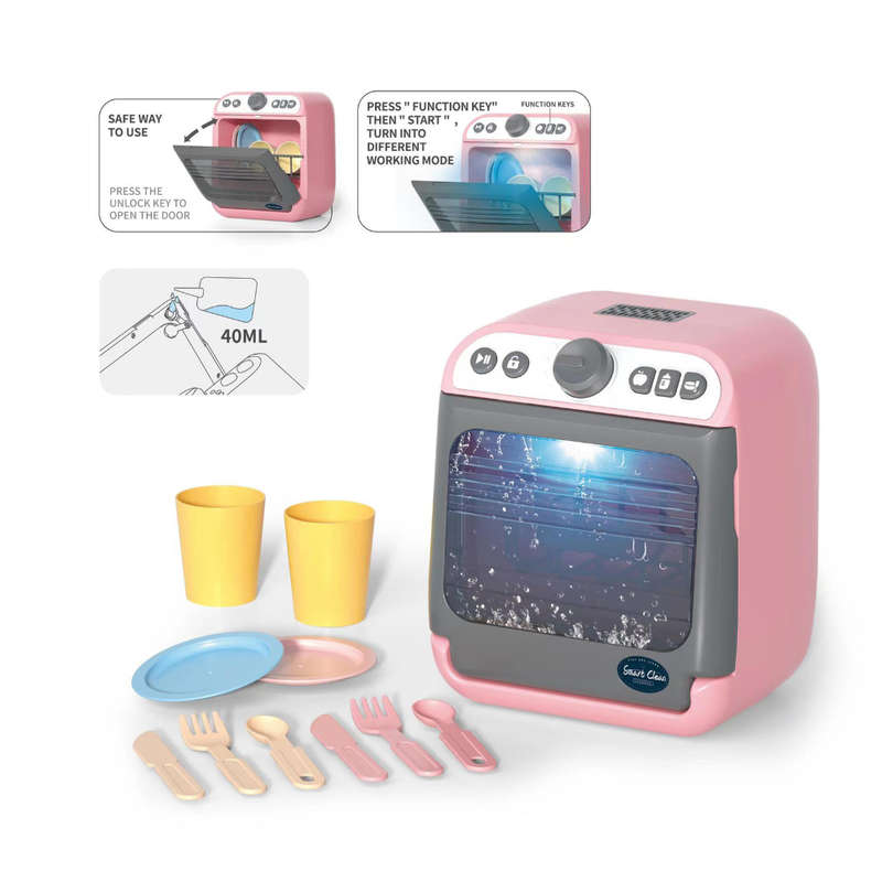 Pretend & Play Dishwasher Set with Sound, Lights & Water Spray Effect - Pink