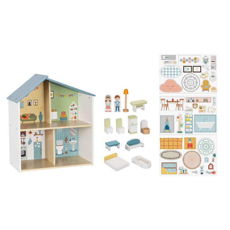 hi Pando - Pretend & Play - Wooden Doll House With Figurines - 14pcs