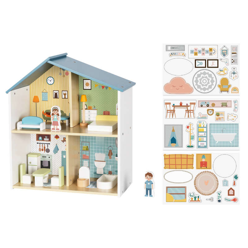 hi Pando - Pretend & Play - Wooden Doll House With Figurines - 14pcs