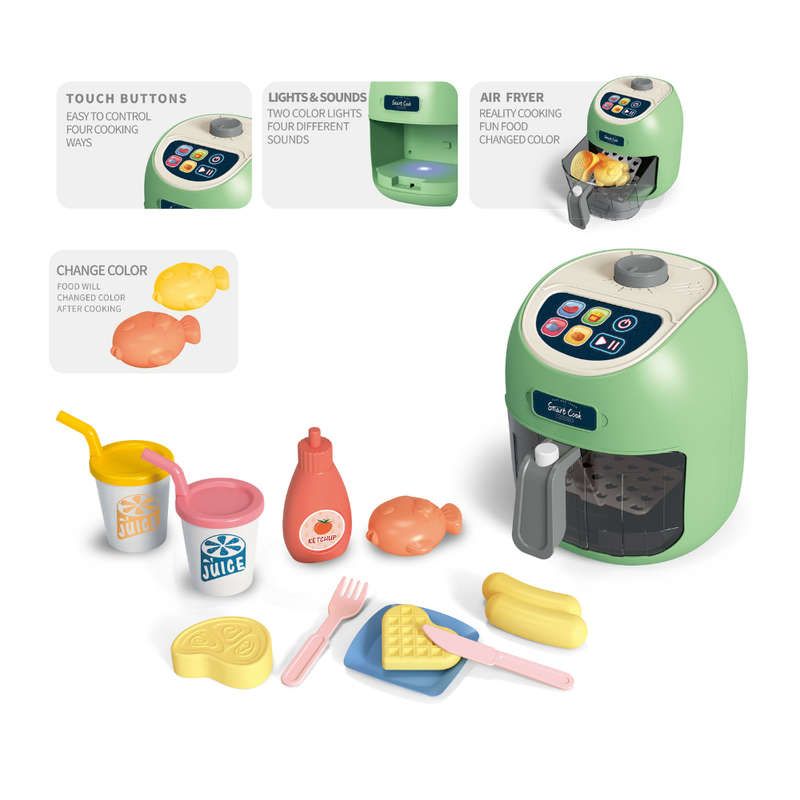 Pretend & Play Air Fryer Set with Lights, Sounds & Colour Changing Food - Green