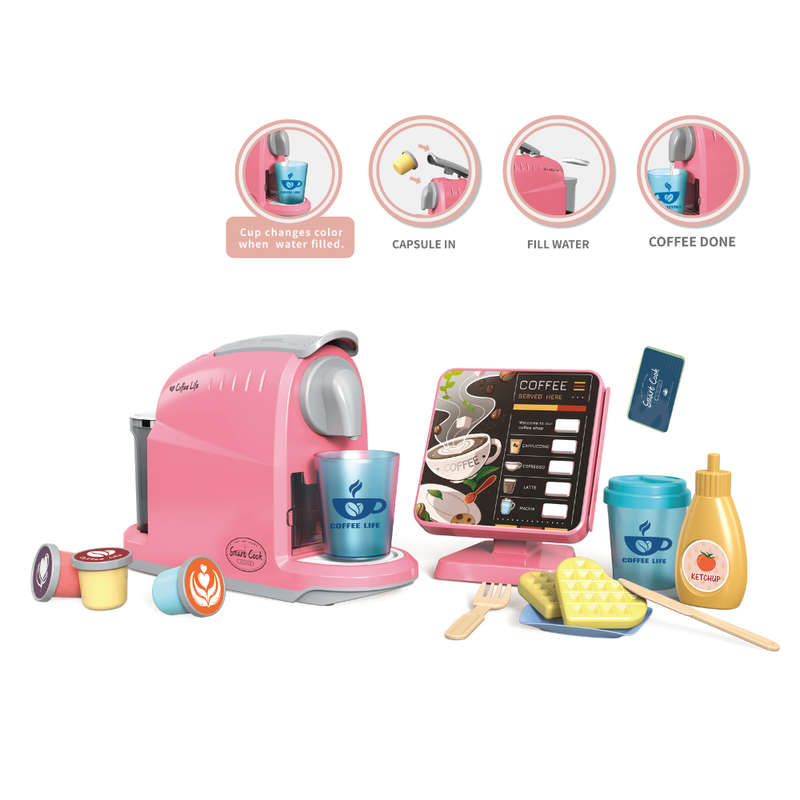 Pretend & Play Coffee Maker & Breakfast Set with Sounds & Colour Changing Cups -Pink