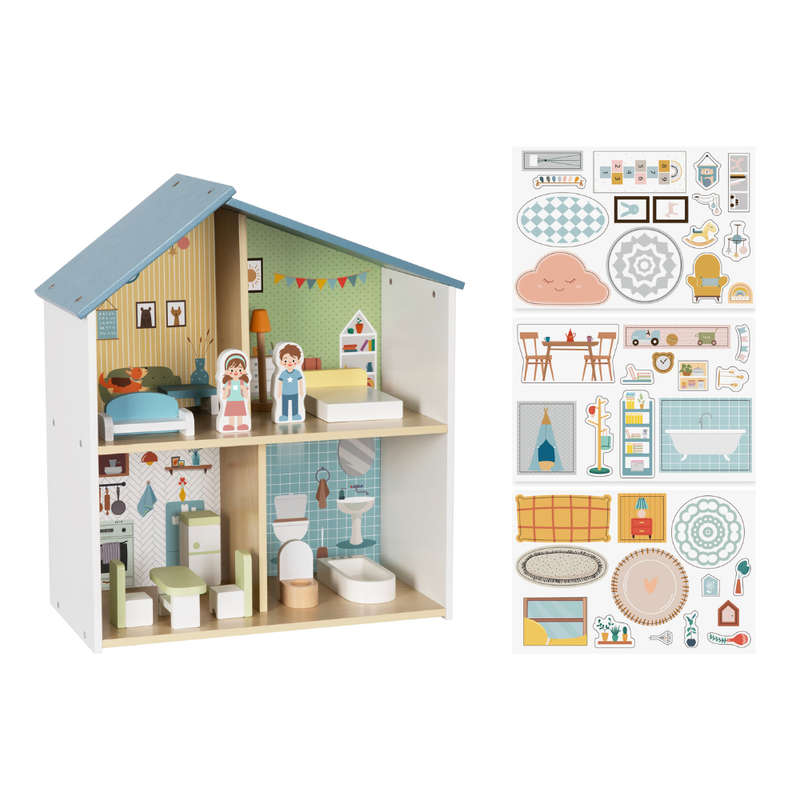 hi Pando - Pretend & Play - Wooden Doll House With Figurines - 14pcs