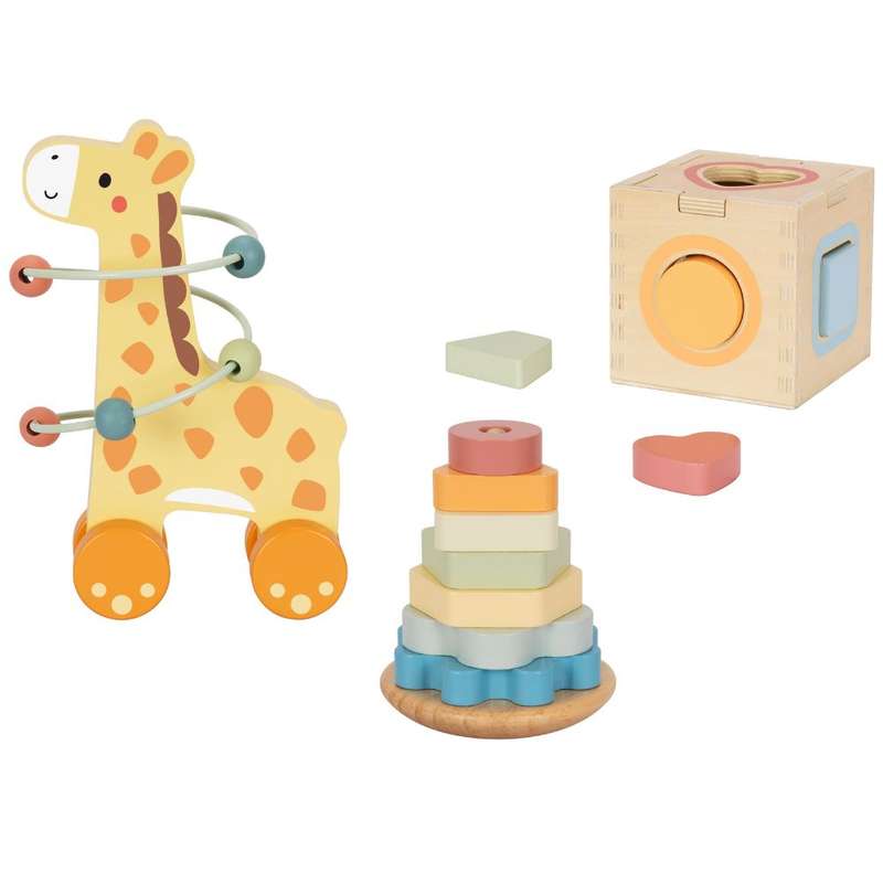 TookyToy - 3-in-1 Wooden Gift Set - Giraffe Pull-Along, Stacking Tower and Shape Sorter