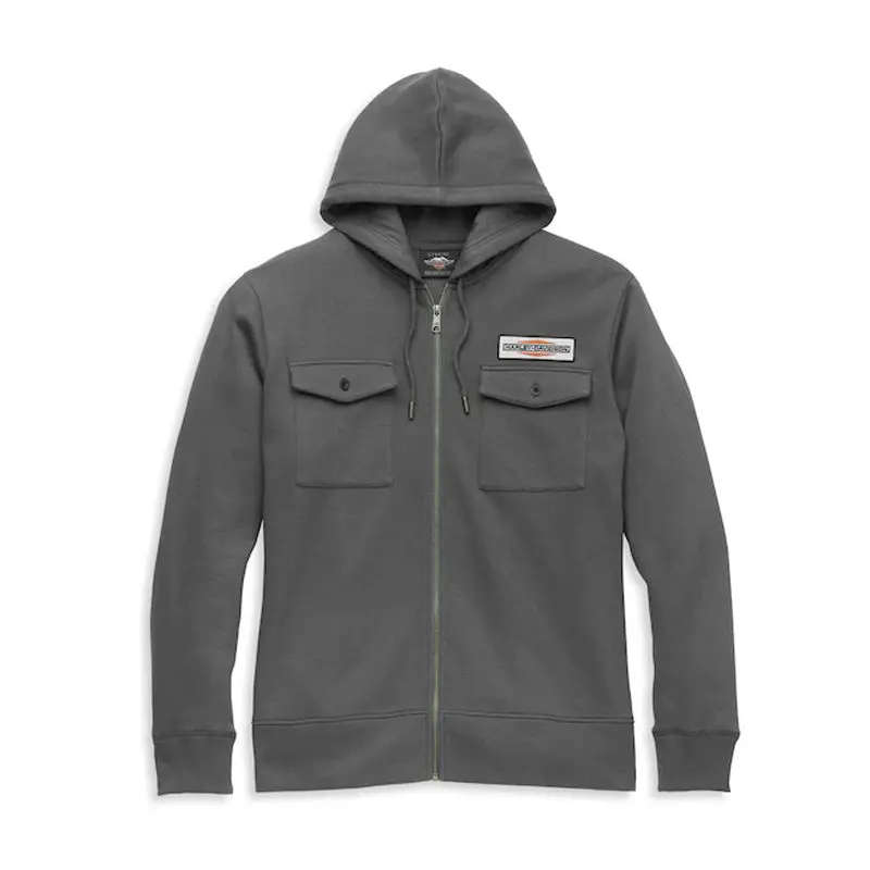 Men's Stacked Logo Chest Pocket Zip Front Hoodie - L