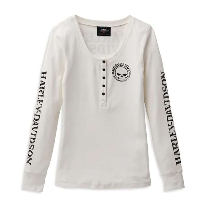 Women's Skull Snap Front Long Sleeve Henley - L