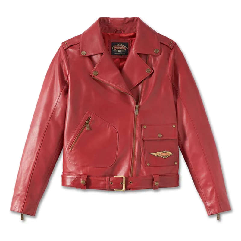 Womens 120th Anniversary D-Pocket Biker Leather Jacket  Merlot - L