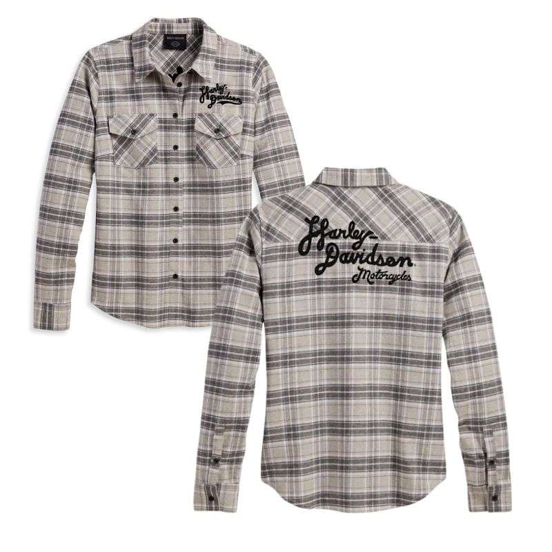 Women's Retro Script Font Flannel Shirt - YD Plaid - XL