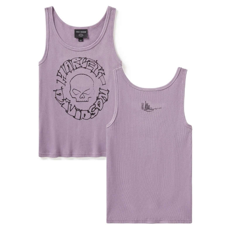 Women's Willie G Circle Skull Sketch Art Ribbed Tank - L