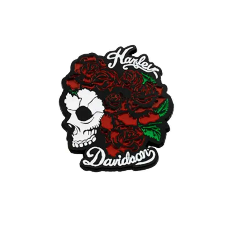 Engraved Skull & Roses Metal Pin,